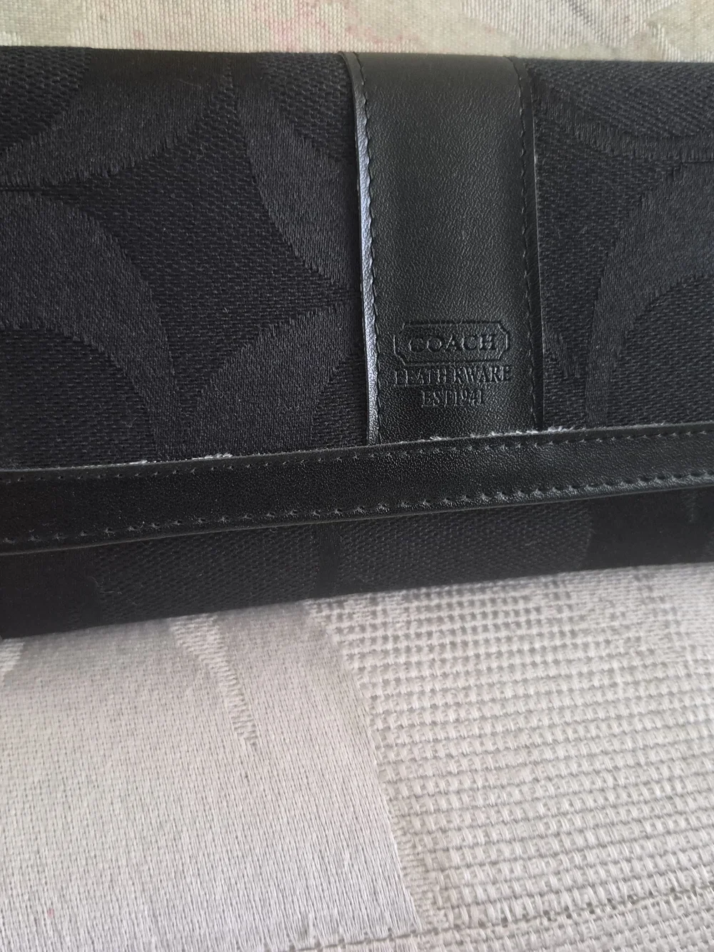 Coach Black Men’s Leather Trifold Wallet with Signature Fabric